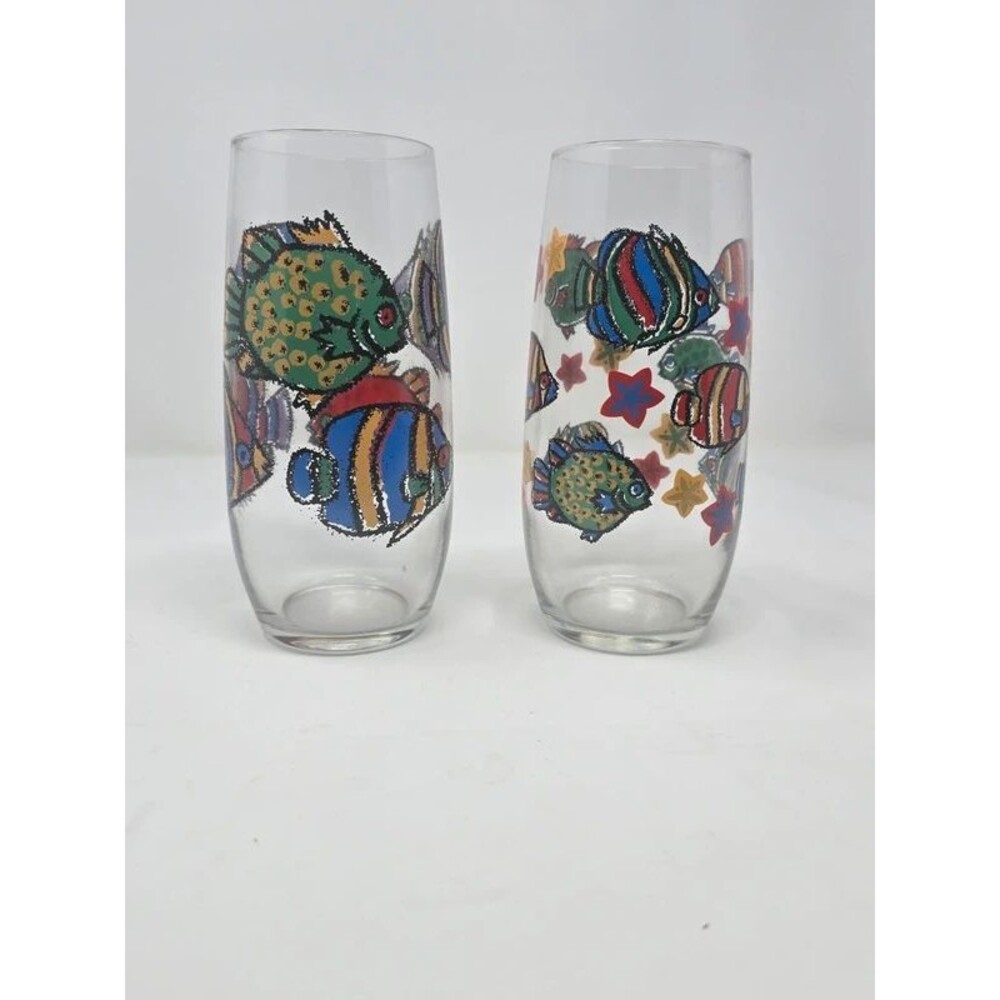 Set of 2 Vintage Colorful Tropical Fish & Starfish Highball Glasses / Tumblers
